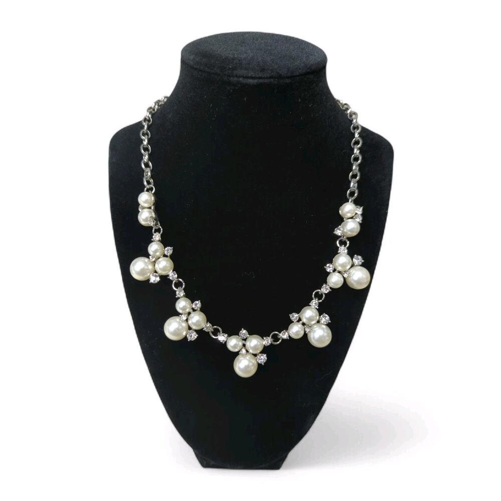 Faux Pearl Rhinestone Necklace Cluster Bib Silvertone Adjustable 17 1/2" L